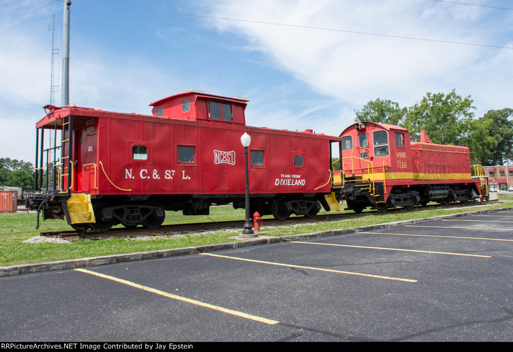 WHOE 1186 and caboose are display outside the Bridgeport Depot 